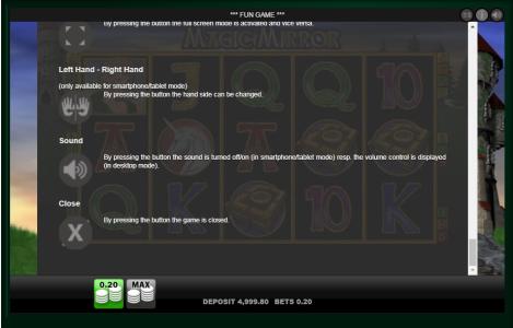 Magic Mirror Slot Machine Magic Mirror Hand Mode, Sound, and Close Button Settings Screen