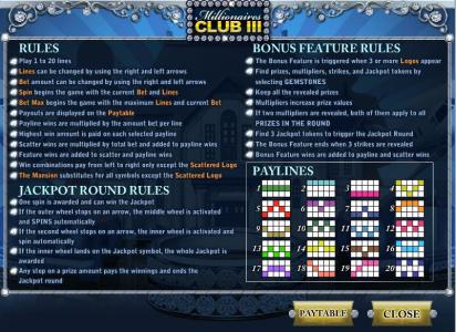 Millionaires Club 3 Slot Machine Paylines Screen