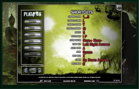 Platoon Wild Slot Machine Platoon Shortcuts Screen