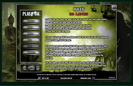 Platoon Wild Slot Machine Game Rules Screen