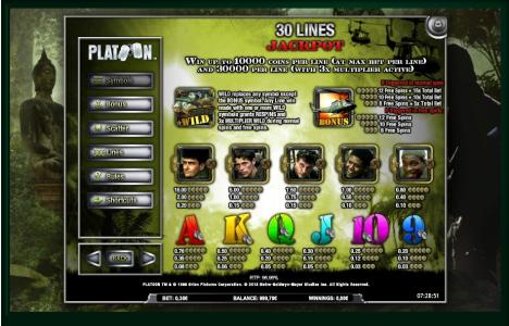 Platoon Wild Slot Machine Paytable Screen
