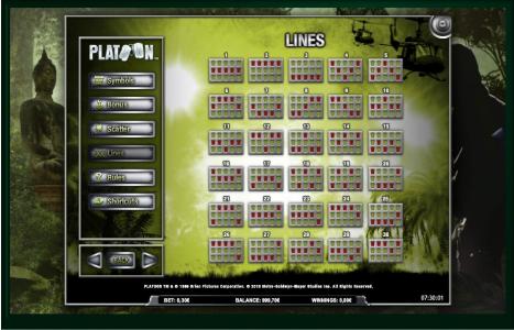 Platoon Wild Slot Machine Paylines Screen