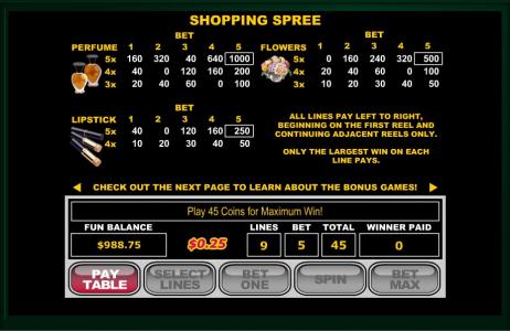 Shopping Spree Slot Machine Paytable Screen