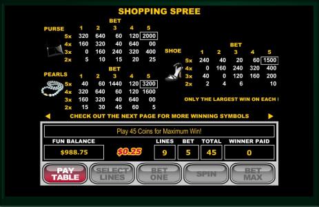 Shopping Spree Slot Machine Paytable Screen