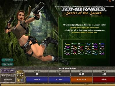 Tomb Raider Secret Of the Sword Slot Machine Paylines Screen