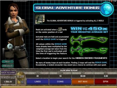Tomb Raider Secret Of the Sword Slot Machine Global Adventure Bonus Screen
