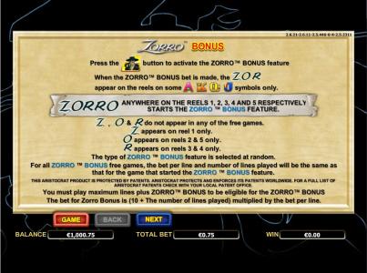 Zorro Slot Machine Bonus Activation and Information Screen