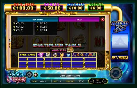 Soul Queen Quad Shot Slot Machine Paytable Screen
