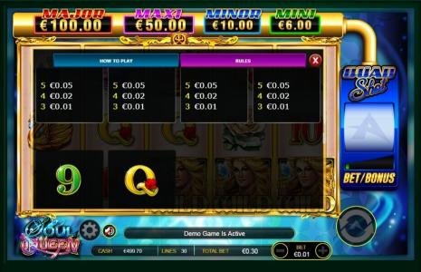 Soul Queen Quad Shot Slot Machine Paytable Screen