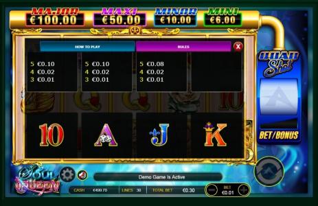 Soul Queen Quad Shot Slot Machine Paytable Screen