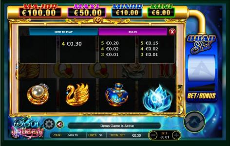 Soul Queen Quad Shot Slot Machine Paytable Screen