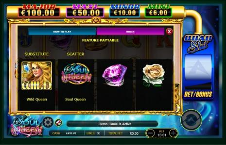 Soul Queen Quad Shot Slot Machine Paytable Screen