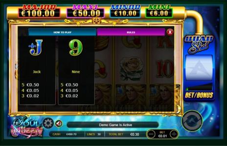 Soul Queen Quad Shot Slot Machine Paytable Screen