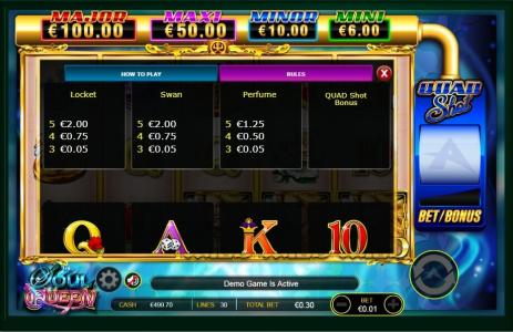 Soul Queen Quad Shot Slot Machine Paytable Screen
