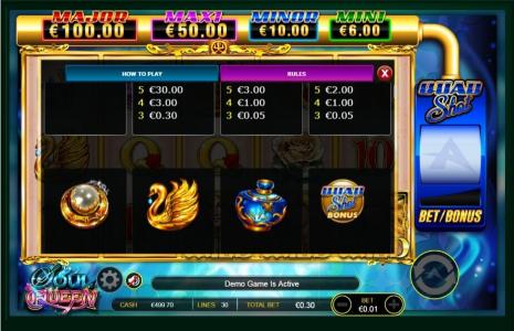 Soul Queen Quad Shot Slot Machine Paytable Screen