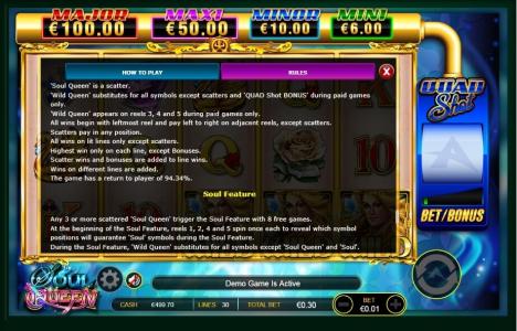 Soul Queen Quad Shot Slot Machine Game Rules Screen