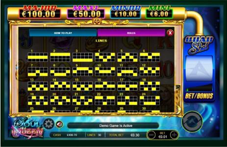 Soul Queen Quad Shot Slot Machine Paylines Screen