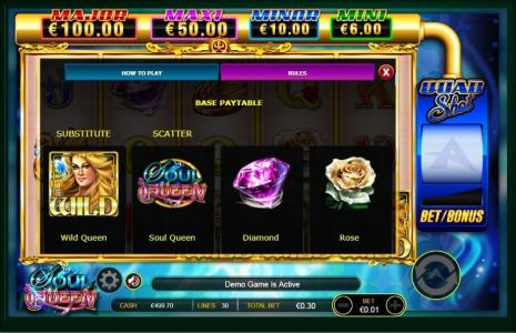 Soul Queen Quad Shot Slot Machine Paytable Screen