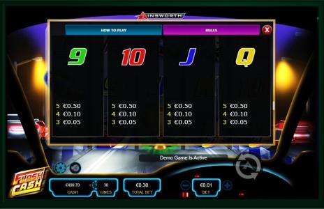 Flash Cash Slot Machine Paytable Screen
