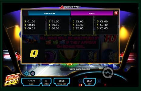 Flash Cash Slot Machine Paytable Screen