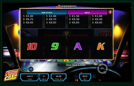 Flash Cash Slot Machine Paytable Screen