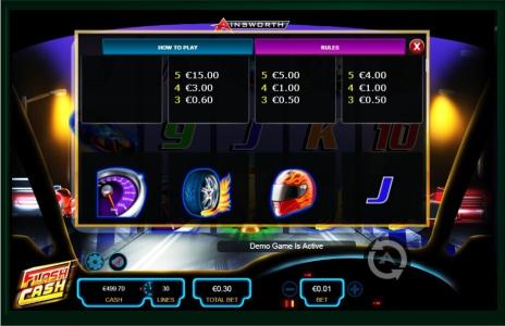 Flash Cash Slot Machine Paytable Screen