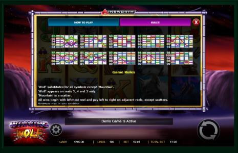 Winning Wolf Slot Machine Paylines Screen