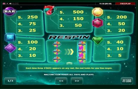 Gem Star Slot Machine Paytable Screen