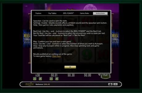 Firelight Slot Machine Instructions and Reel Power Screen