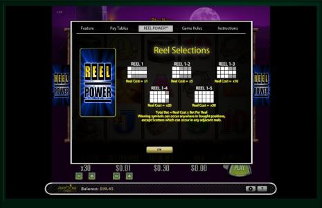 Firelight Slot Machine Reel Power and Selections Screen