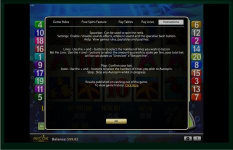 Dolphin Treasure Slot Machine Game Rules and Instructions Screen