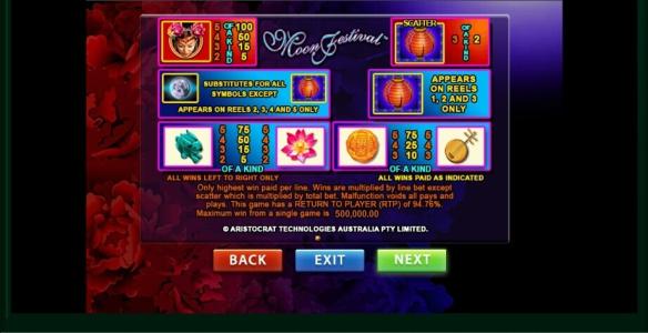 Moon Festival Slot Machine Paytable Screen