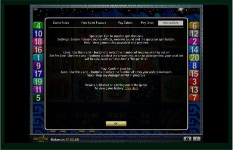 Sun and Moon Slot Machine Instructions Screen