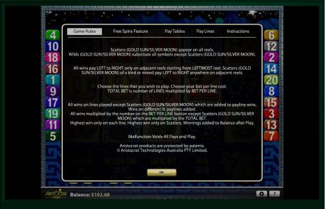 Sun and Moon Slot Machine Game Rules Screen