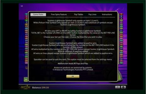 Pelican Pete Slot Machine Game Rules Screen
