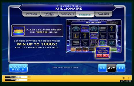 Who Wants to Be a Millionaire Slot Machine Prize Pick Bonus Feature Screen