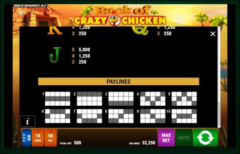 Book Of Crazy Chicken Slot Machine Paytable and Paylines Screen