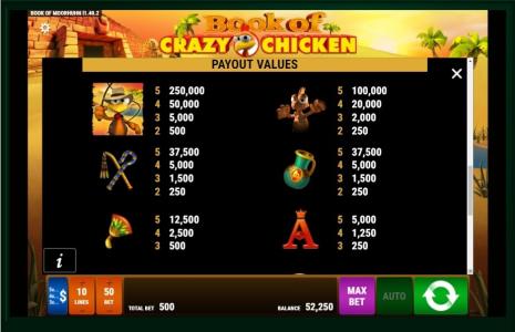 Book Of Crazy Chicken Slot Machine Paytable Screen