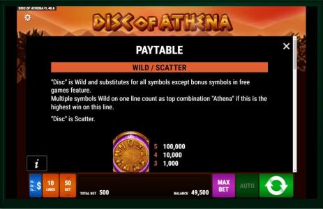 Disc of Athena Slot Machine Paytable Screen