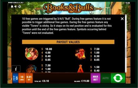 Books and Bulls Slot Machine Paytable Screen