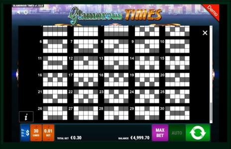 Glamorous Times Slot Machine Paylines Screen