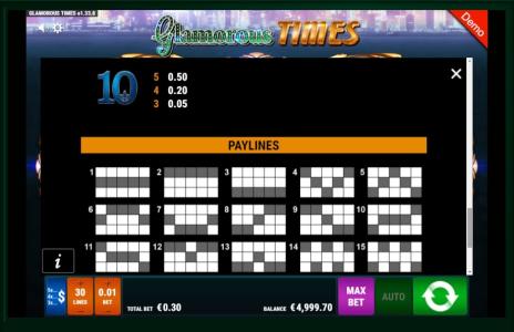 Glamorous Times Slot Machine Paylines Screen