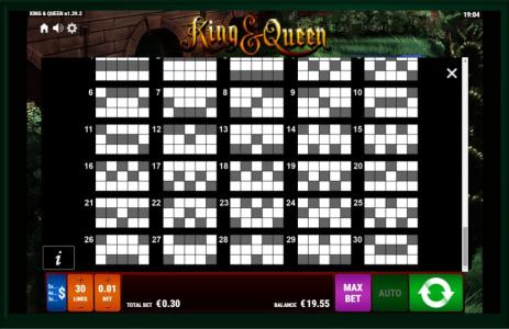 King and Queen Slot Machine Paylines Screen