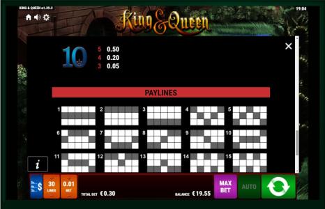 King and Queen Slot Machine Paylines Screen