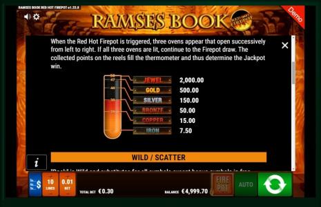 Ramses Book Red Hot Firepot Slot Machine Scatter Awards and Wild Symbol Screen
