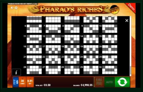 Pharaos Riches Red Hot Firepot Slot Machine Paylines Screen