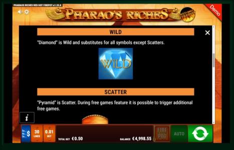 Pharaos Riches Red Hot Firepot Slot Machine Scatter Awards and Wild Symbol Screen