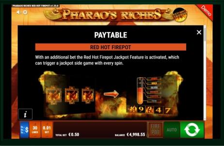 Pharaos Riches Red Hot Firepot Slot Machine Paytable Screen