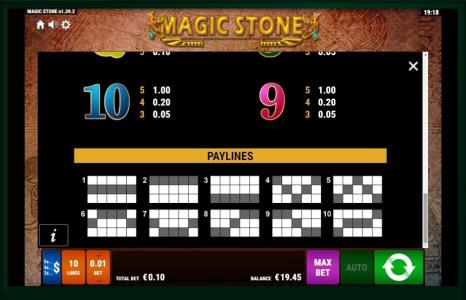 Magic Stone Slot Machine Paytable and Paylines Screen