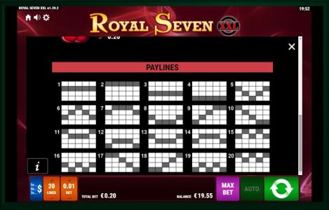 Royal Seven XXL Slot Machine Paylines Screen